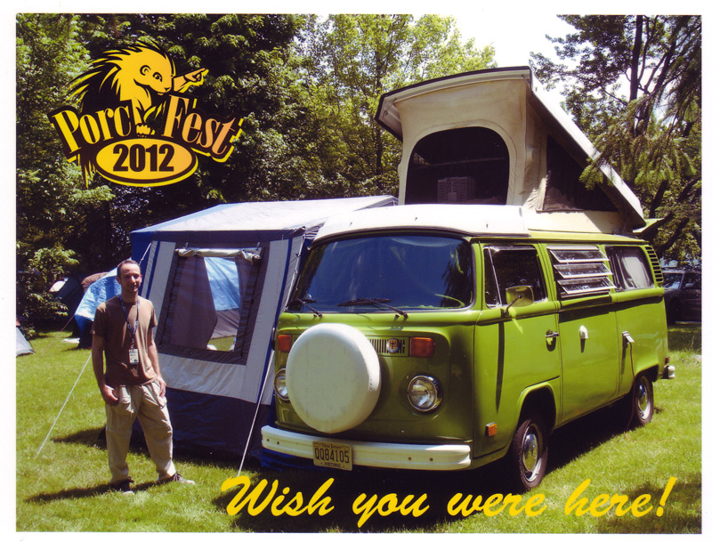 PorcFest postcard VW bus